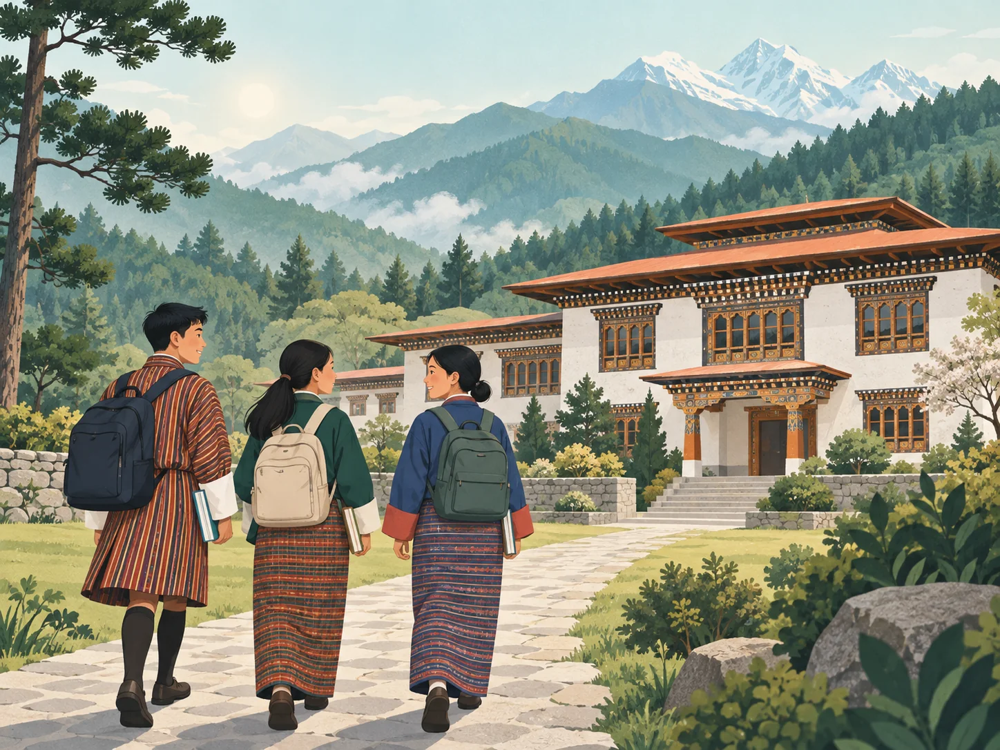 Illustration of students walking to a Bhutanese school among green hills